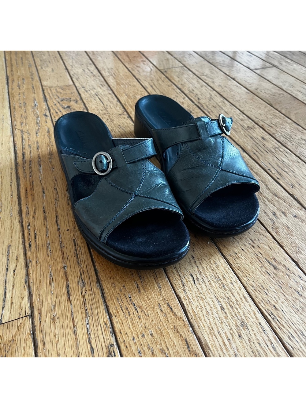 Clarks Black Leather Slide Sandals with Buckle Detail, Size 6M